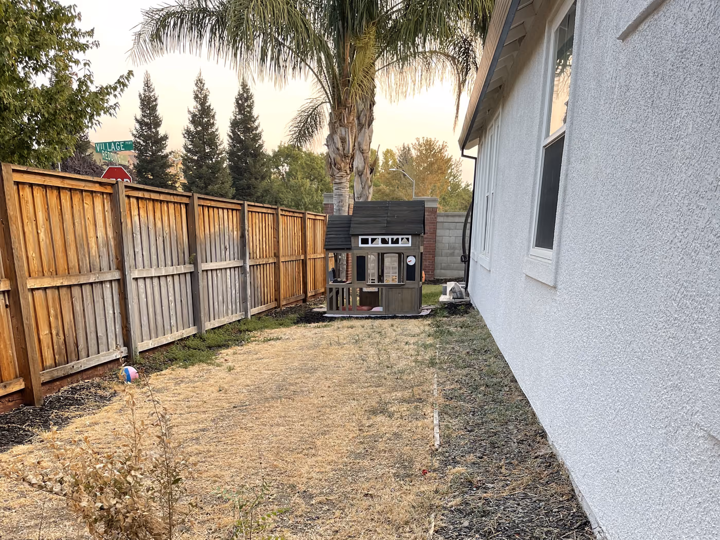 Weed and dirt side yard before concrete was laid